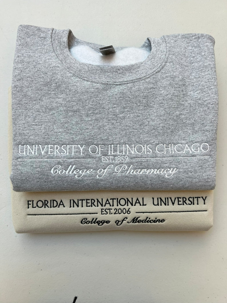 Custom College Embroidered Sweatshirt/Hoodie, Embroidered Personalized University Sweatshirt or Hoodie