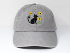Cat and Flower Embroidered Kitten Baseball Cap, Washed Cotton Curve Brim Summer Hat