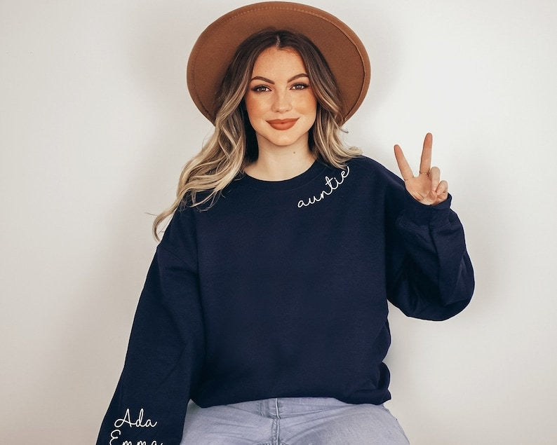 Custom Auntie Embroidered Sweatshirt with Children Name on Sleeve, T-Shirt or Hoodie, Gift for Aunt, Neck Auntie with Nieces Nephews Names il_794xN.5871479836_396e.jpg