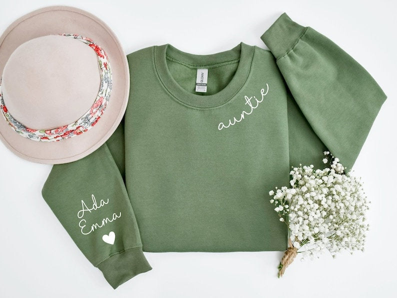 Custom Auntie Embroidered Sweatshirt with Children Name on Sleeve, T-Shirt or Hoodie, Gift for Aunt, Neck Auntie with Nieces Nephews Names il_794xN.5871479840_pc9d.jpg