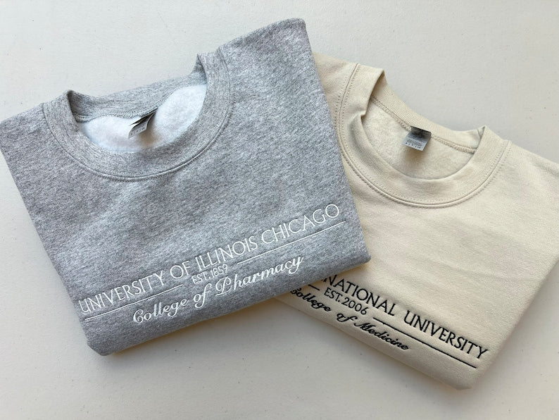 Custom College Embroidered Sweatshirt/Hoodie, Embroidered Personalized University Sweatshirt or Hoodie