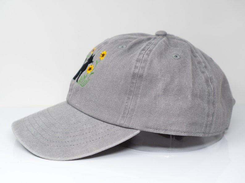 Cat and Flower Embroidered Kitten Baseball Cap, Washed Cotton Curve Brim Summer Hat