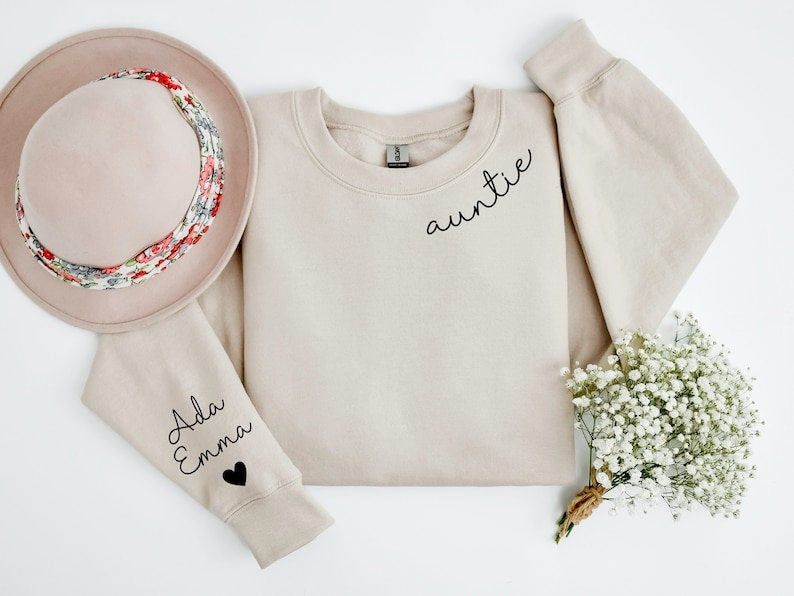 Custom Auntie Embroidered Sweatshirt with Children Name on Sleeve, T-Shirt or Hoodie, Gift for Aunt, Neck Auntie with Nieces Nephews Names il_794xN.5919569565_27lv.jpg