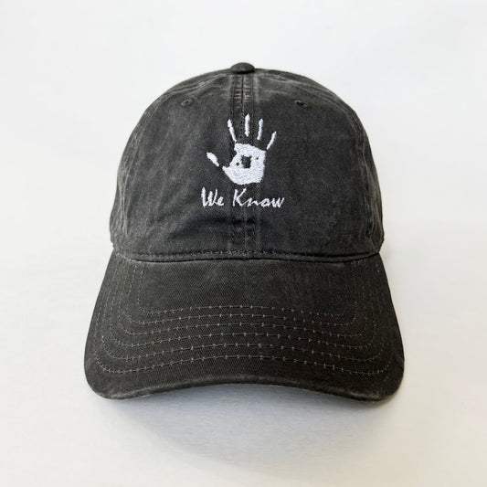 We Know Embroidered Dad Hat Vintage Adjustable Baseball Cap with White Handprint Design, Cool Gamer Gift, Dark Brotherhood Inspired Streetwear Cap for Men and Women
