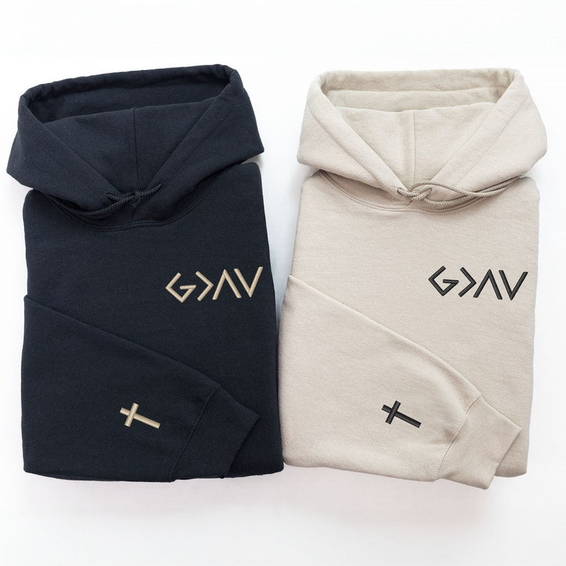 God Is Greater Than The Highs And Lows Embroidered Hoodie Cross on Sleeve Couples Gift Anniversary Gift Gift For Him Gift For Her