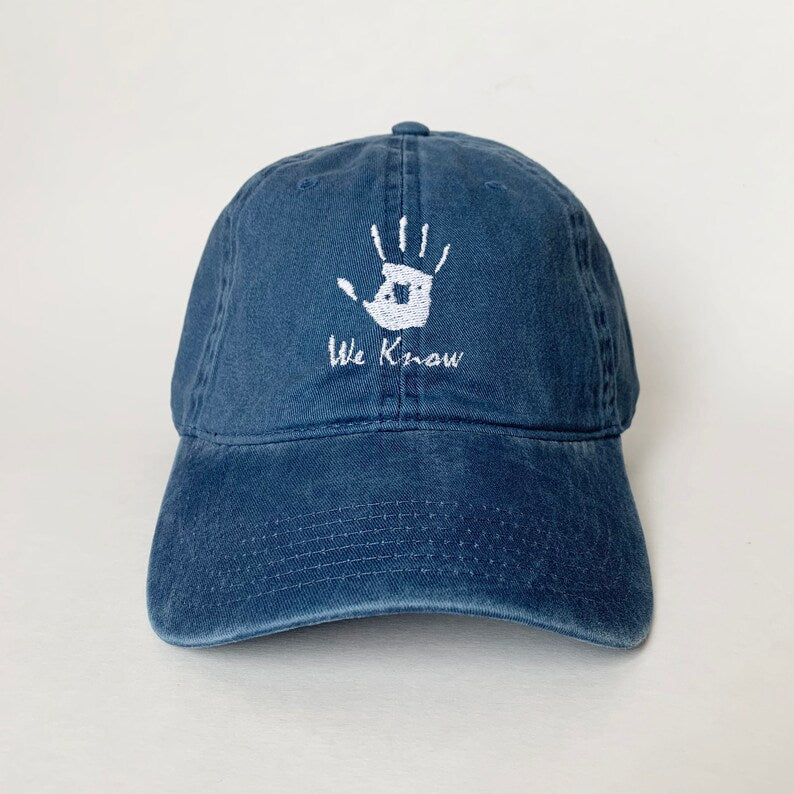 We Know Embroidered Dad Hat Vintage Adjustable Baseball Cap with White Handprint Design, Cool Gamer Gift, Dark Brotherhood Inspired Streetwear Cap for Men and Women