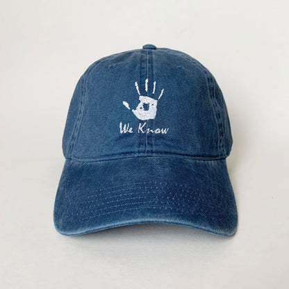 We Know Embroidered Dad Hat Vintage Adjustable Baseball Cap with White Handprint Design, Cool Gamer Gift, Dark Brotherhood Inspired Streetwear Cap for Men and Women