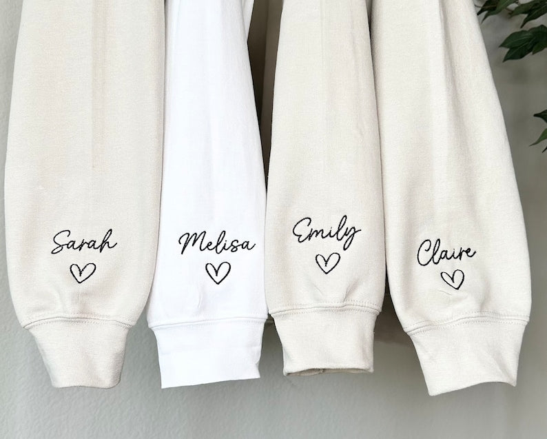Embroidered Custom Bridesmaid/Groom Neckline Sweatshirt/Hoodie, Name on Sleeve, Personalized Bachelorette Gift, Maid of Honor, Bride To Be