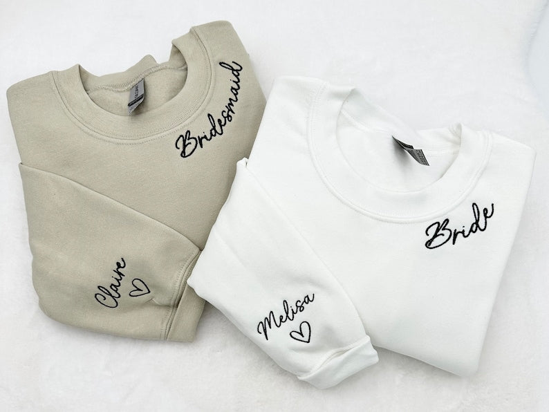Embroidered Custom Bridesmaid/Groom Neckline Sweatshirt/Hoodie, Name on Sleeve, Personalized Bachelorette Gift, Maid of Honor, Bride To Be