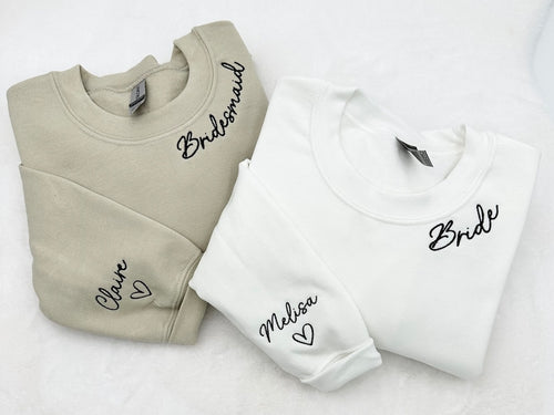 Embroidered Custom Bridesmaid/Groom Neckline Sweatshirt/Hoodie, Name on Sleeve, Personalized Bachelorette Gift, Maid of Honor, Bride To Be
