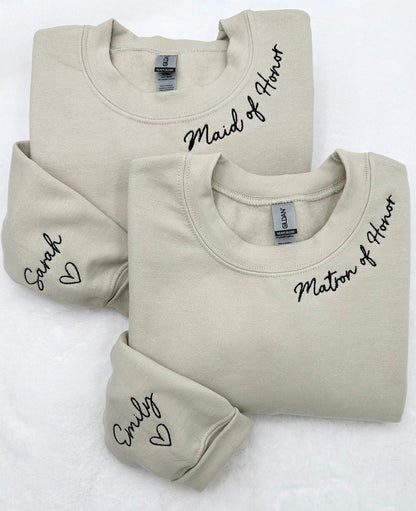 Embroidered Custom Bridesmaid/Groom Neckline Sweatshirt/Hoodie, Name on Sleeve, Personalized Bachelorette Gift, Maid of Honor, Bride To Be