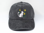 Cat and Flower Embroidered Kitten Baseball Cap, Washed Cotton Curve Brim Summer Hat