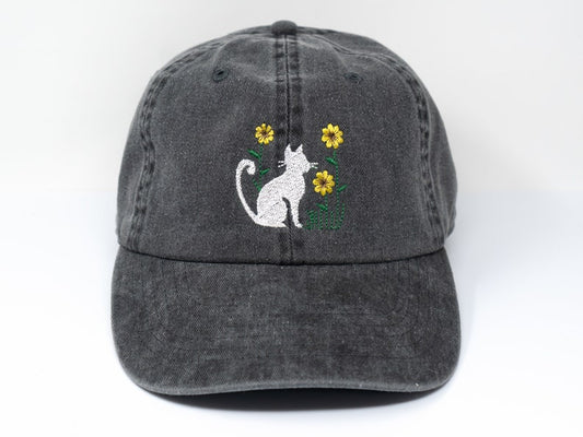 Cat and Flower Embroidered Kitten Baseball Cap, Washed Cotton Curve Brim Summer Hat