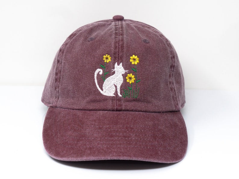 Cat and Flower Embroidered Kitten Baseball Cap, Washed Cotton Curve Brim Summer Hat