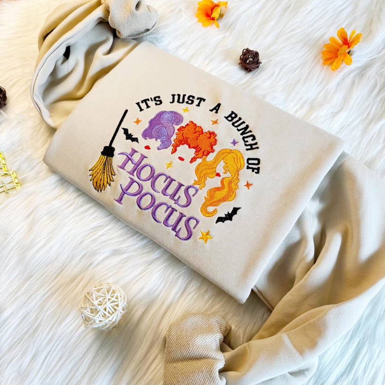 Embroidered Hocus Pocus Witch Sweatshirt, Halloween Witch Embroidered Sweatshirt, Oversized Crew Neck Sweatshirt or Hoodie