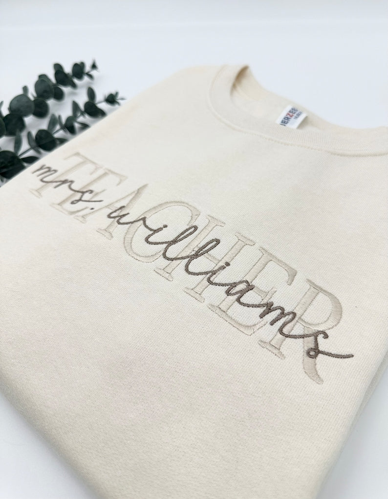 Embroidered Custom Teacher Mrs. Last Name Sweatshirt or Hoodie, Personalized Gift, Gift for Tutor-Teacher, Cute Teacher Shirt, Gift for Her