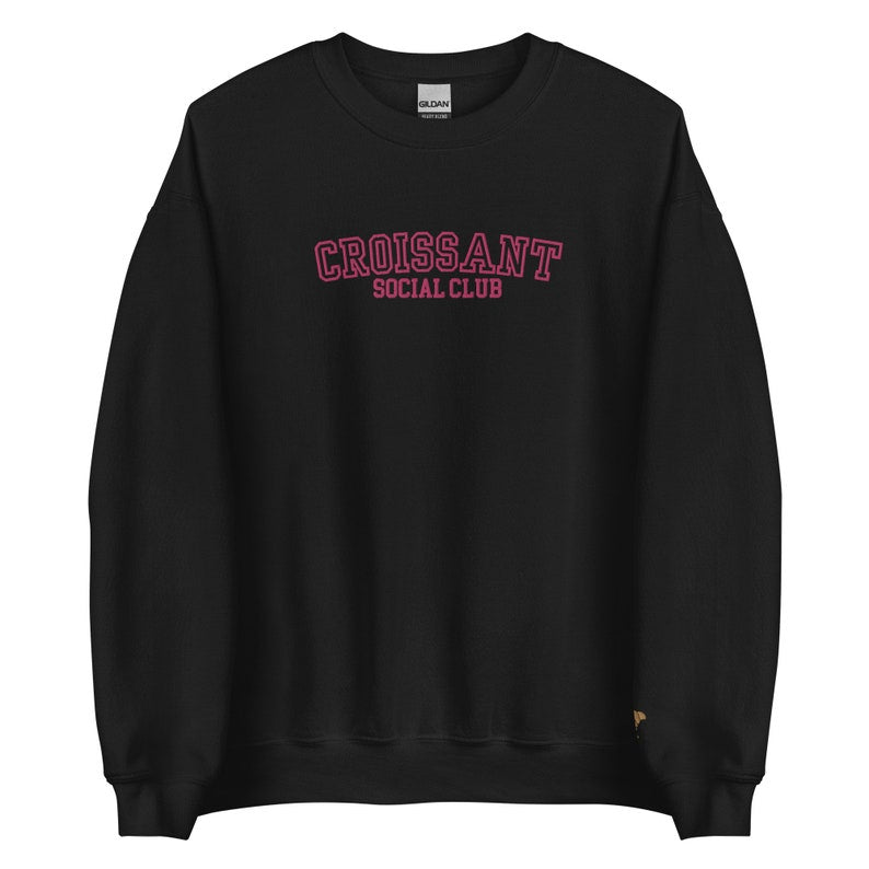 Embroidered Croissant Social Club Sweatshirt, Embroidered Croissant Crewneck, Embroidered Bow Sweatshirt, Embroidered Coquette Aesthetic
