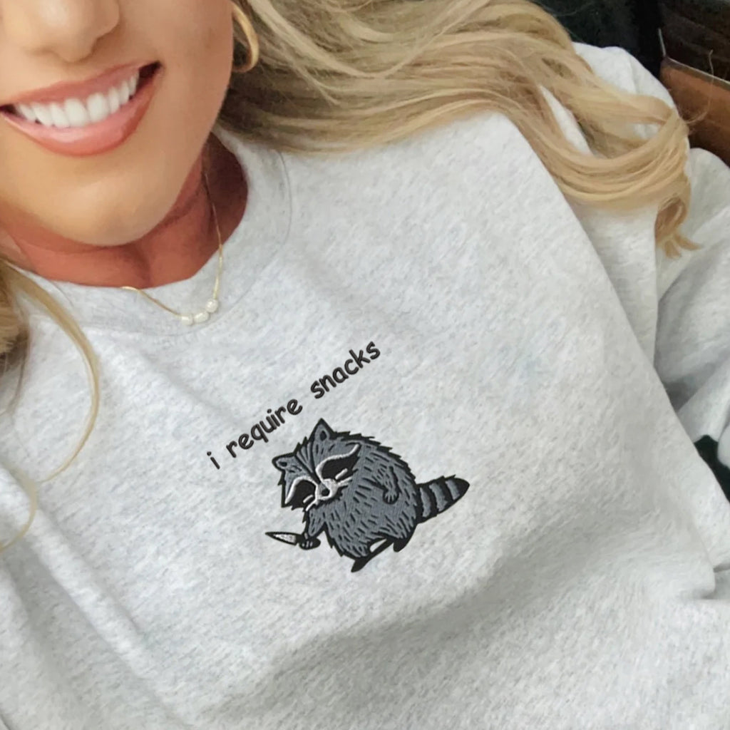 I Require Snacks Sweatshirt-Hoodie, Feral Embroidered Raccoon Sweater, Funny Unhinged Gift, Embroidered Animal Sweatshirt