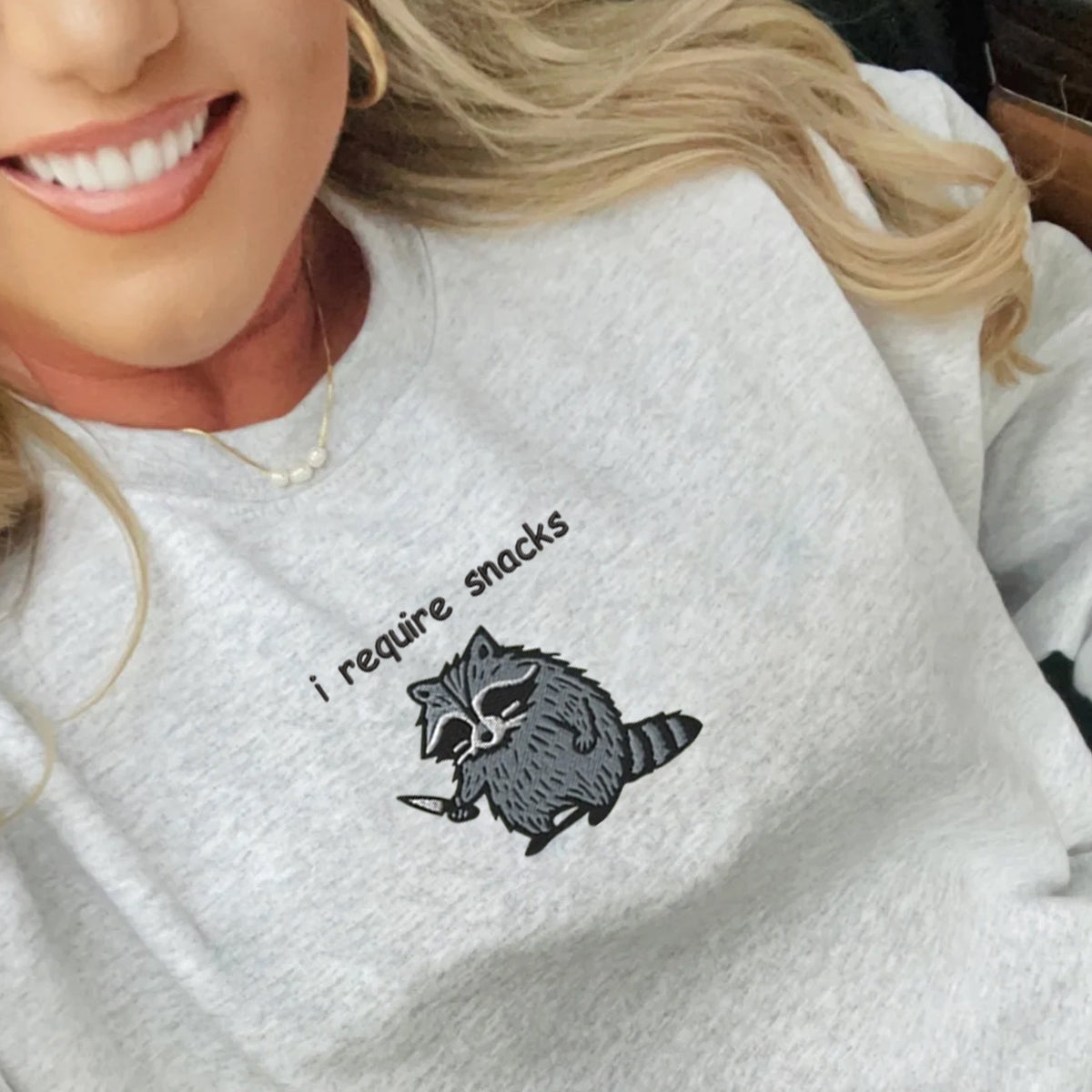 I Require Snacks Sweatshirt-Hoodie, Feral Embroidered Raccoon Sweater, Funny Unhinged Gift, Embroidered Animal Sweatshirt