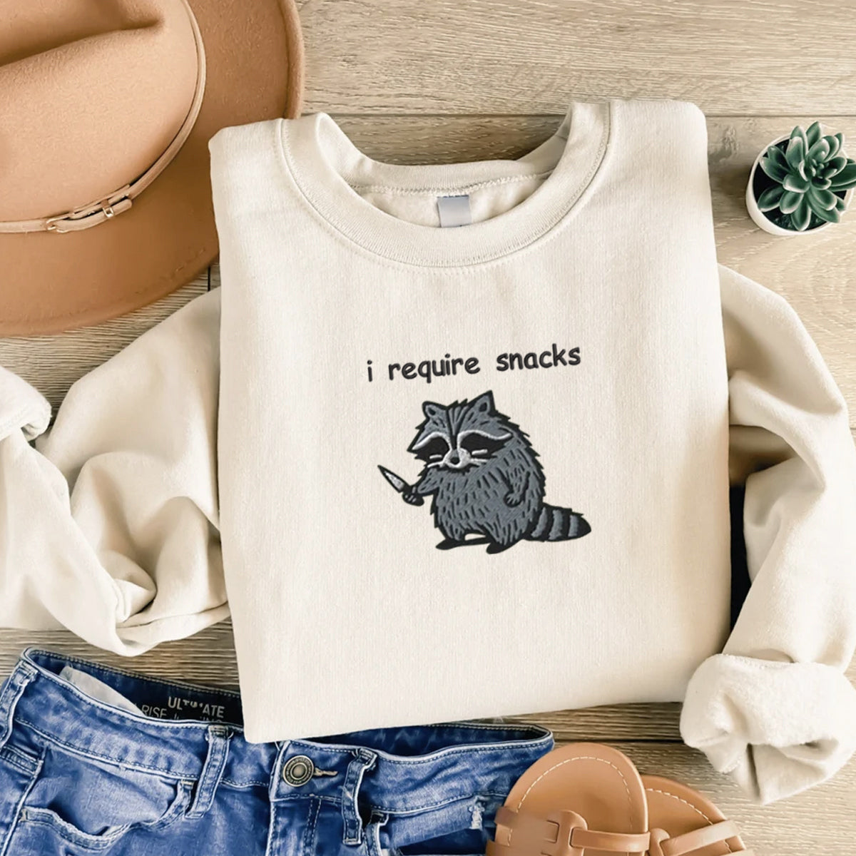 I Require Snacks Sweatshirt-Hoodie, Feral Embroidered Raccoon Sweater, Funny Unhinged Gift, Embroidered Animal Sweatshirt