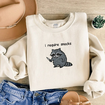 I Require Snacks Sweatshirt-Hoodie, Feral Embroidered Raccoon Sweater, Funny Unhinged Gift, Embroidered Animal Sweatshirt