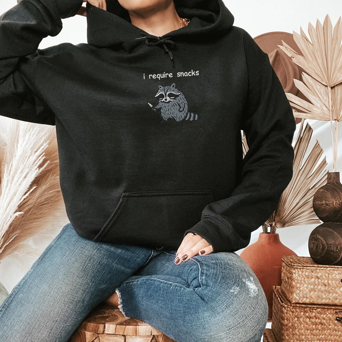 I Require Snacks Sweatshirt-Hoodie, Feral Embroidered Raccoon Sweater, Funny Unhinged Gift, Embroidered Animal Sweatshirt