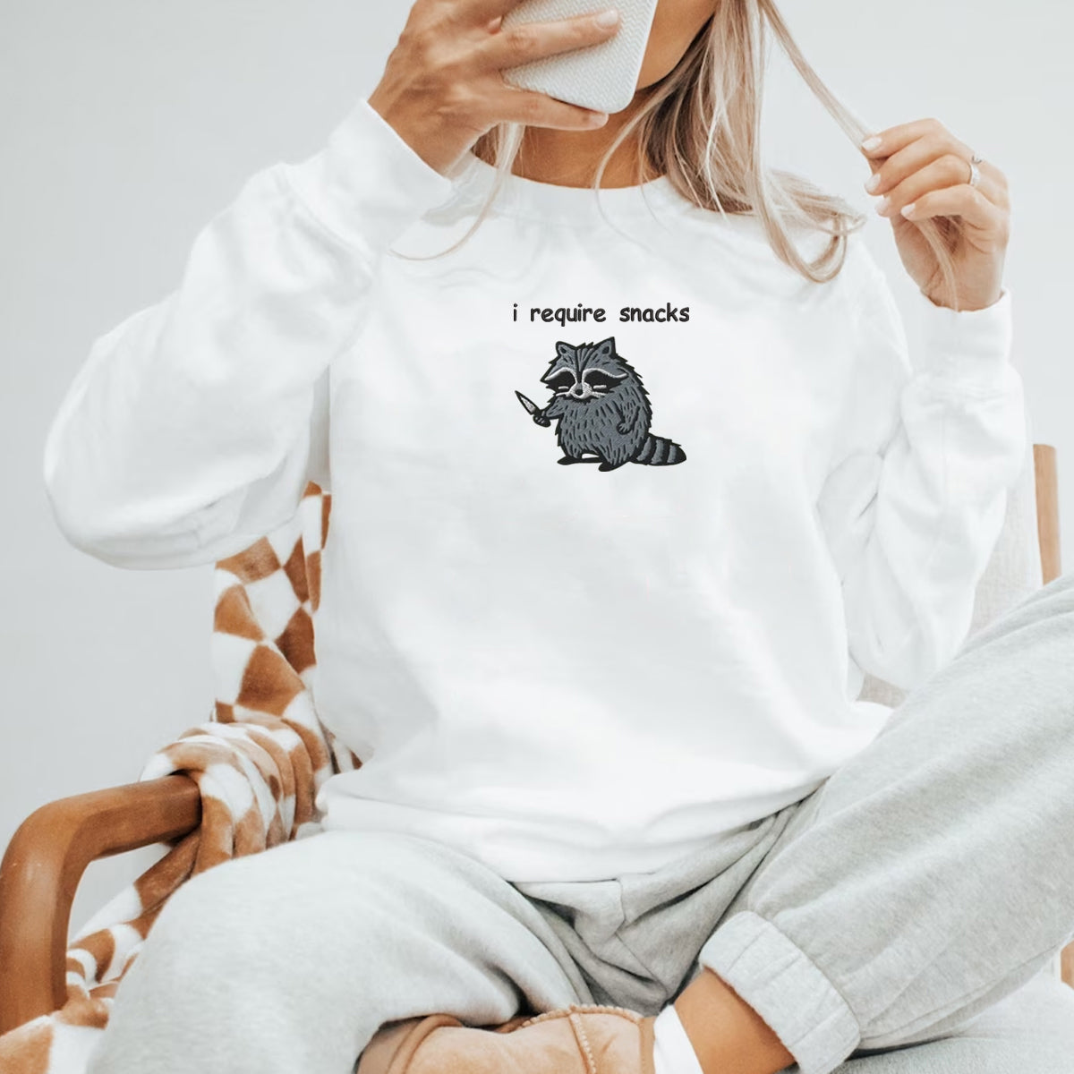 I Require Snacks Sweatshirt-Hoodie, Feral Embroidered Raccoon Sweater, Funny Unhinged Gift, Embroidered Animal Sweatshirt