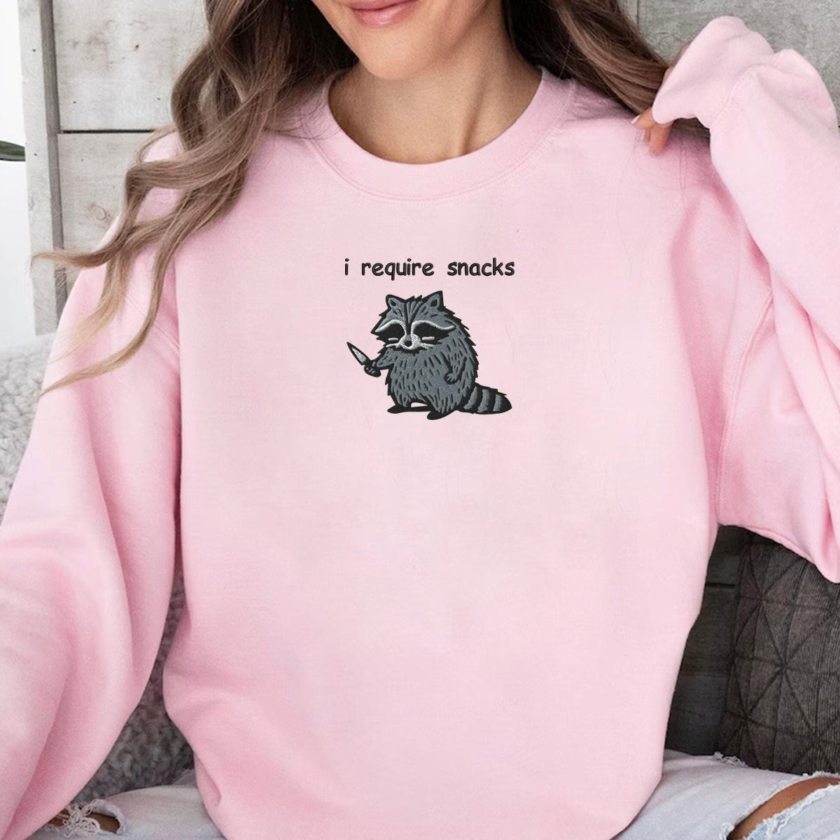 I Require Snacks Sweatshirt-Hoodie, Feral Embroidered Raccoon Sweater, Funny Unhinged Gift, Embroidered Animal Sweatshirt