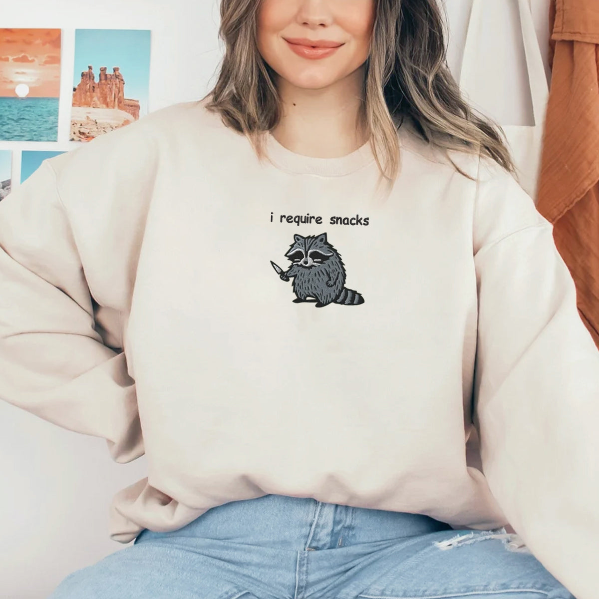 I Require Snacks Sweatshirt-Hoodie, Feral Embroidered Raccoon Sweater, Funny Unhinged Gift, Embroidered Animal Sweatshirt