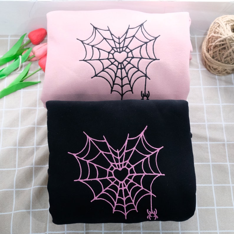 Spider Web Couples Matching Valentine's Embroidered Hoodie, Custom Initial Heart Crewneck, Anniversary Gift, Personalized Heart Name Sleeve