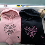Spider Web Couples Matching Valentine's Embroidered Hoodie, Custom Initial Heart Crewneck, Anniversary Gift, Personalized Heart Name Sleeve