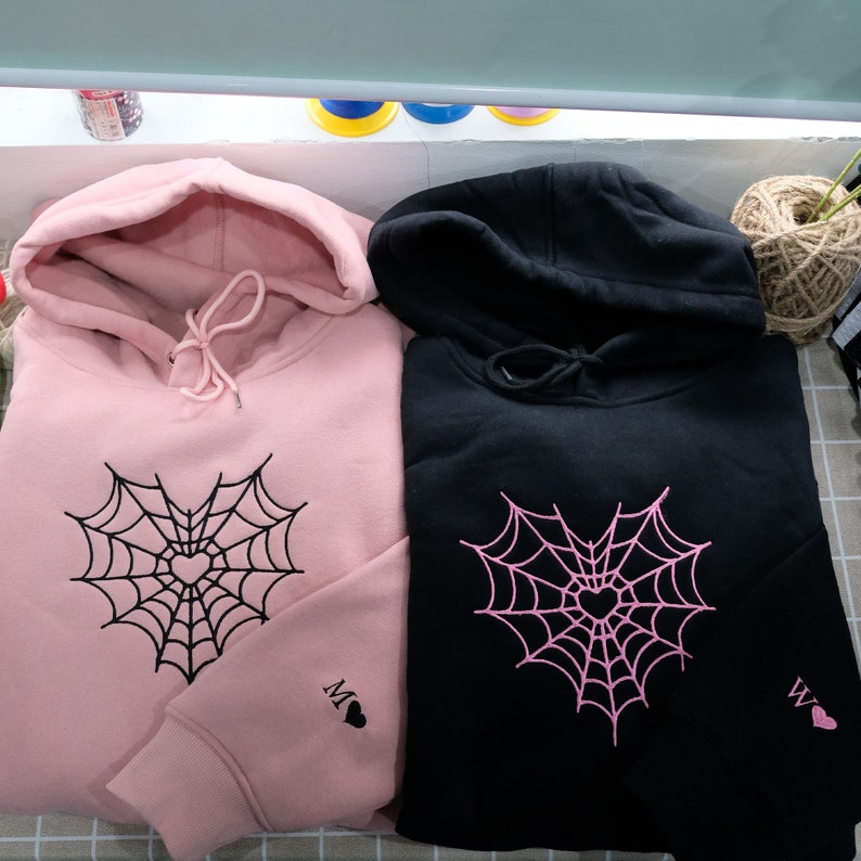 Spider Web Couples Matching Valentine's Embroidered Hoodie, Custom Initial Heart Crewneck, Anniversary Gift, Personalized Heart Name Sleeve