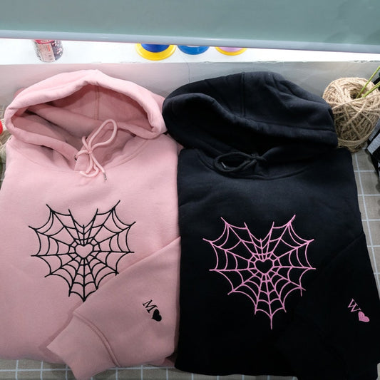 Spider Web Couples Matching Valentine's Embroidered Hoodie, Custom Initial Heart Crewneck, Anniversary Gift, Personalized Heart Name Sleeve