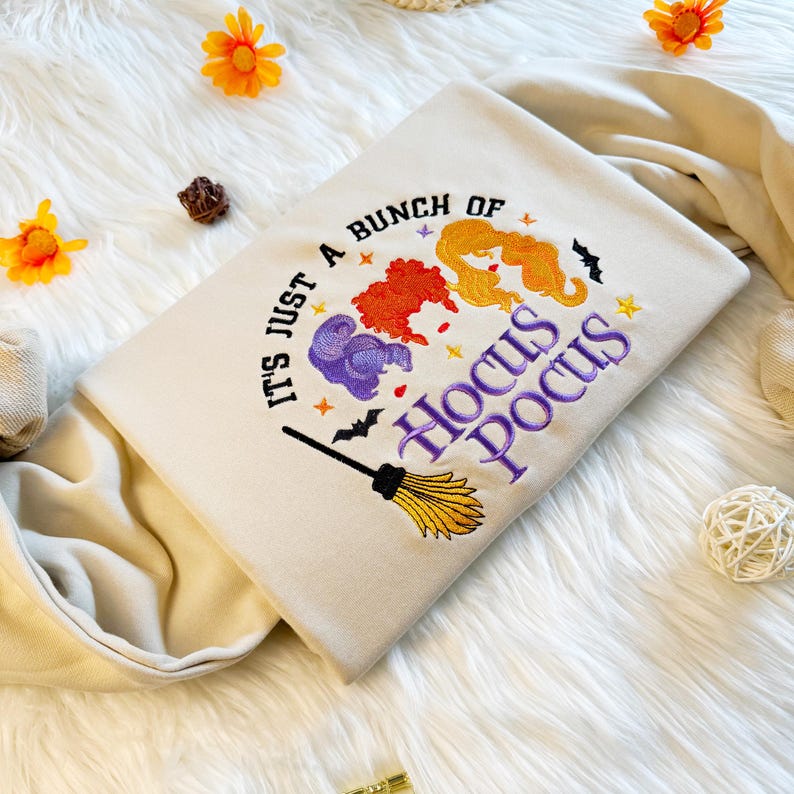 Embroidered Hocus Pocus Witch Sweatshirt, Halloween Witch Embroidered Sweatshirt, Oversized Crew Neck Sweatshirt or Hoodie