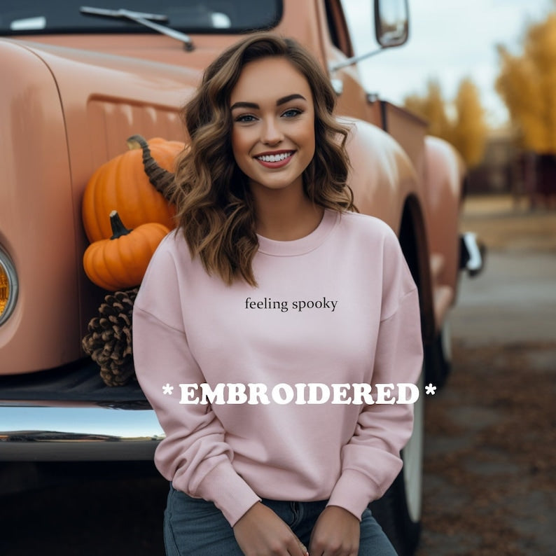 Feeling Spooky, Embroidered Crewneck, Cute Fall Tee, Sweater Weather, Spooky Season, Salem Witch, Embroidery, Gift for her, Minimalistic