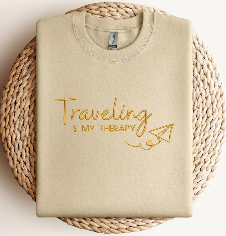 Embroidered Traveling Is My Therapy Sweatshirt, Embroidered Travel Sweater, Airplane Mode Sweatshirt, Vacation Hoodie, Embroidered Traveler Hoodie