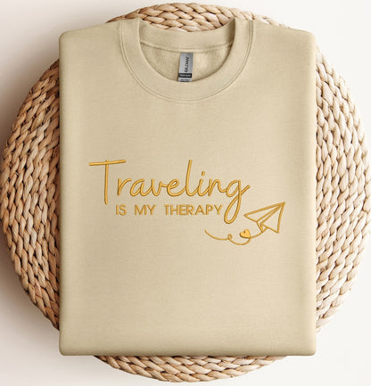 Embroidered Traveling Is My Therapy Sweatshirt, Embroidered Travel Sweater, Airplane Mode Sweatshirt, Vacation Hoodie, Embroidered Traveler Hoodie