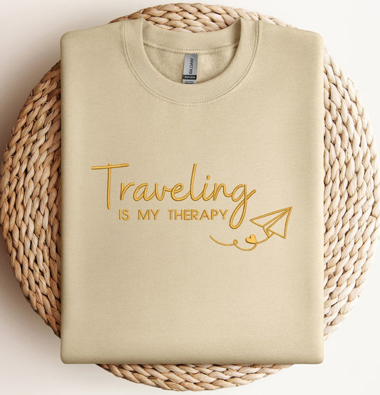Embroidered Traveling Is My Therapy Sweatshirt, Embroidered Travel Sweater, Airplane Mode Sweatshirt, Vacation Hoodie, Embroidered Traveler Hoodie