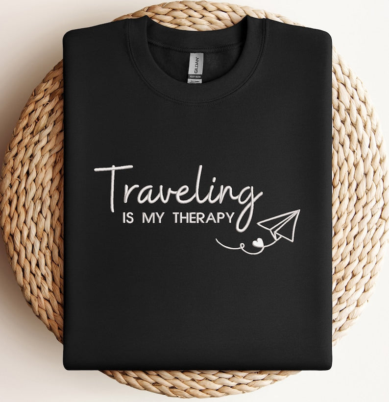 Embroidered Traveling Is My Therapy Sweatshirt, Embroidered Travel Sweater, Airplane Mode Sweatshirt, Vacation Hoodie, Embroidered Traveler Hoodie