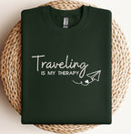 Embroidered Traveling Is My Therapy Sweatshirt, Embroidered Travel Sweater, Airplane Mode Sweatshirt, Vacation Hoodie, Embroidered Traveler Hoodie
