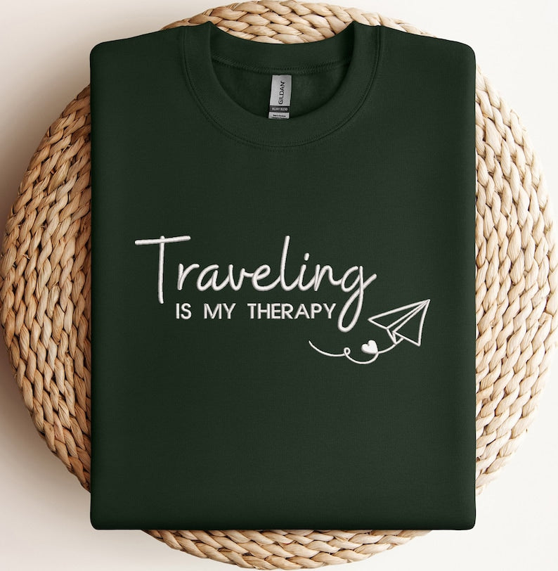 Embroidered Traveling Is My Therapy Sweatshirt, Embroidered Travel Sweater, Airplane Mode Sweatshirt, Vacation Hoodie, Embroidered Traveler Hoodie