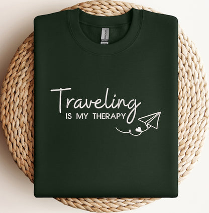 Embroidered Traveling Is My Therapy Sweatshirt, Embroidered Travel Sweater, Airplane Mode Sweatshirt, Vacation Hoodie, Embroidered Traveler Hoodie