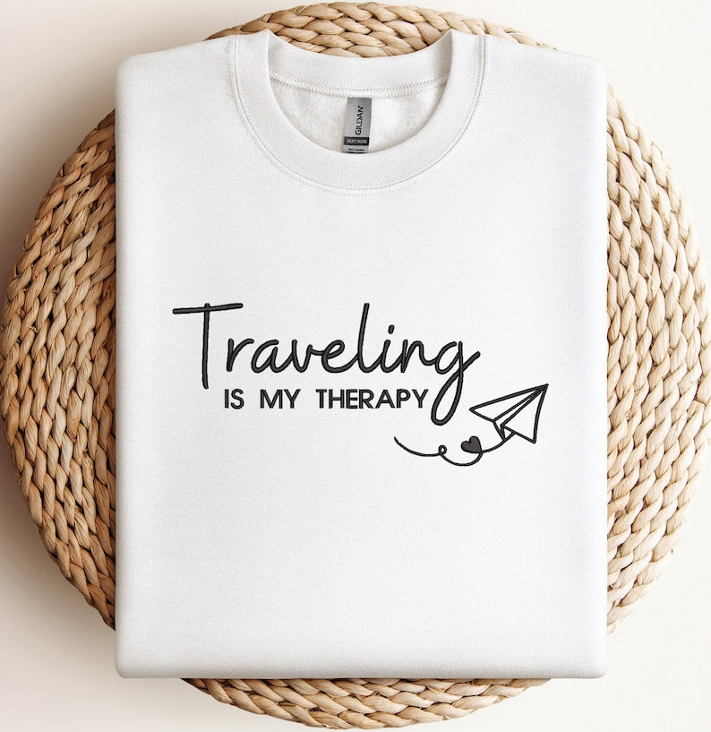 Embroidered Traveling Is My Therapy Sweatshirt, Embroidered Travel Sweater, Airplane Mode Sweatshirt, Vacation Hoodie, Embroidered Traveler Hoodie