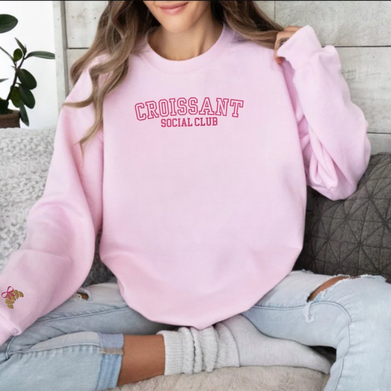 Embroidered Croissant Social Club Sweatshirt, Embroidered Croissant Crewneck, Embroidered Bow Sweatshirt, Embroidered Coquette Aesthetic