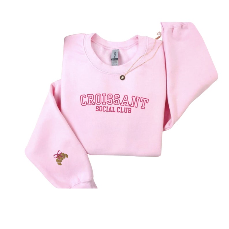 Embroidered Croissant Social Club Sweatshirt, Embroidered Croissant Crewneck, Embroidered Bow Sweatshirt, Embroidered Coquette Aesthetic