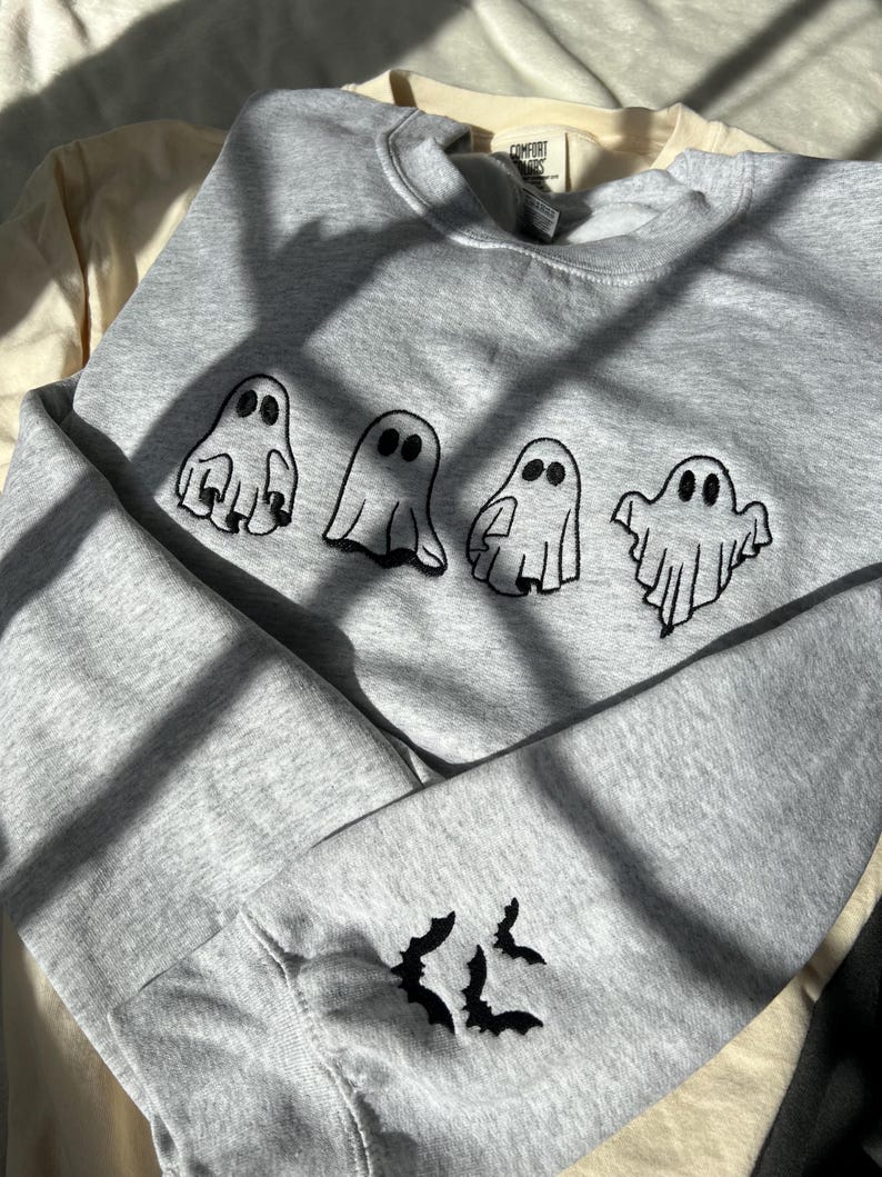 Fall embroidered sweatshirt Halloween embroidered ghost sweatshirt fall embroidered bat sleeve crewneck ghost and bat embroidered sweatshirt