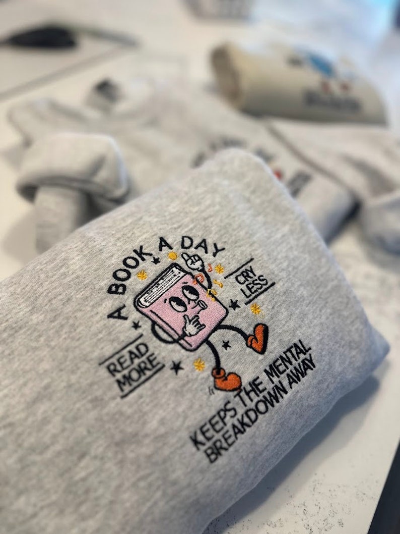 Book Lover Sweatshirt, Embroidered Reading Crewneck, Mental Health Gift, Cozy Spring Outfit, Father's Day or Grad Gift for Readers, BookClub