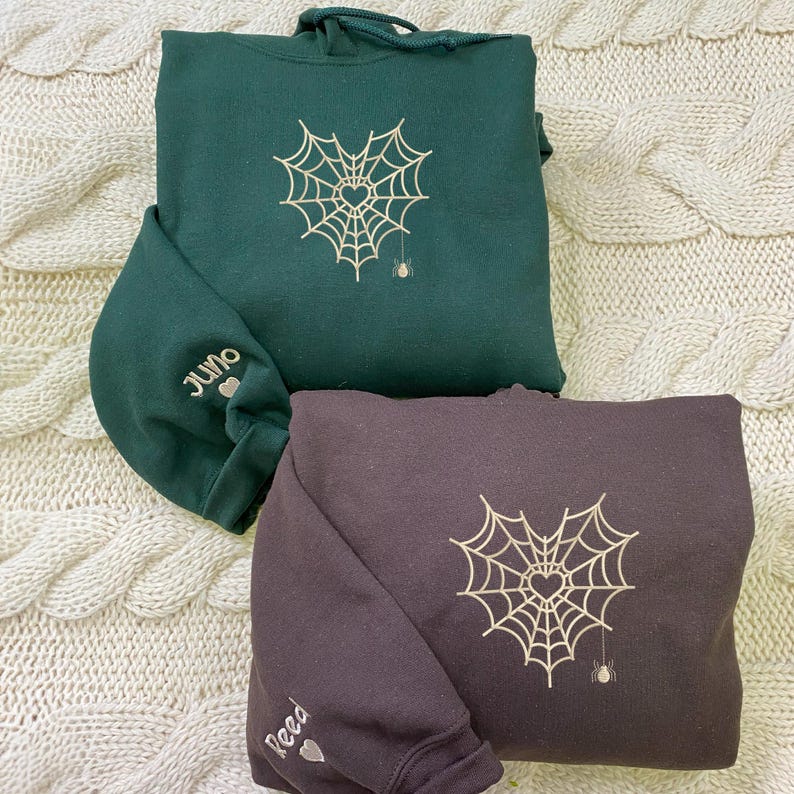 Halloween Embroidery Couple Sweatshirt, Spiderweb Heart Embroidery Shirt, Matching Couple Hoodie, Spooky Season, Halloween Gift for Him Her il_794xN.6231795856_by69.jpg