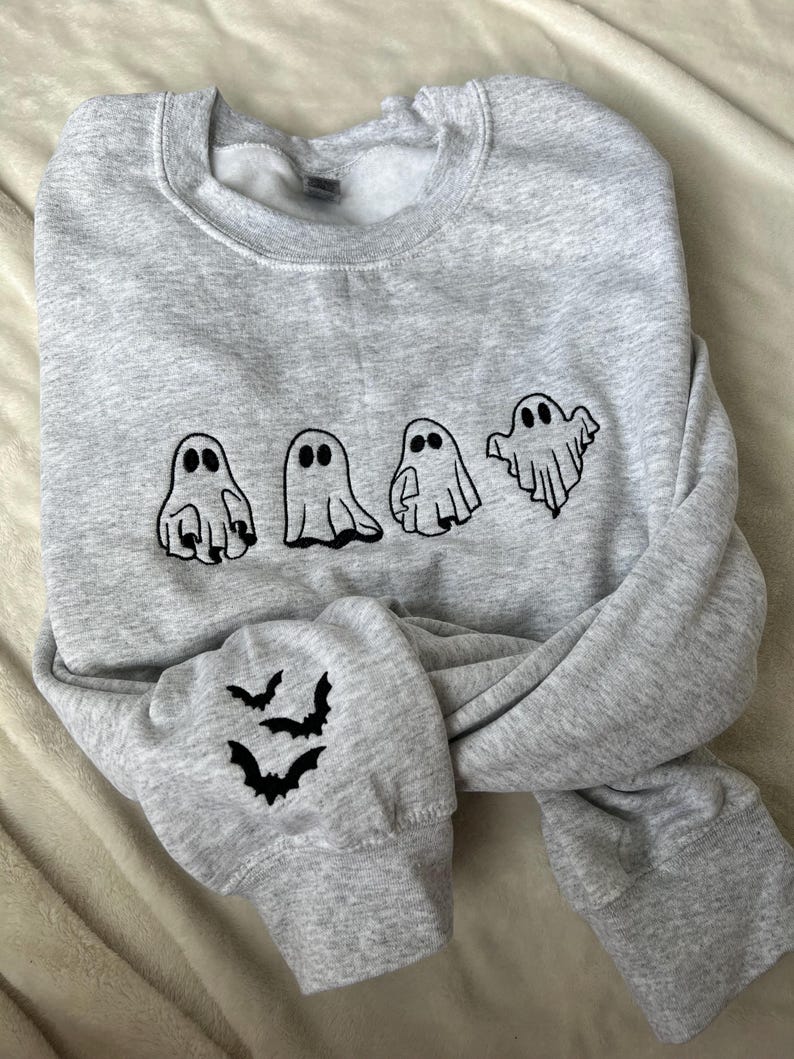 Fall embroidered sweatshirt Halloween embroidered ghost sweatshirt fall embroidered bat sleeve crewneck ghost and bat embroidered sweatshirt