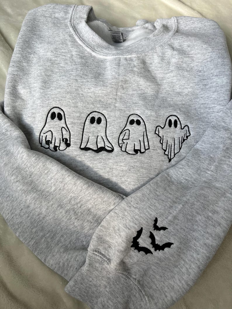 Fall embroidered sweatshirt Halloween embroidered ghost sweatshirt fall embroidered bat sleeve crewneck ghost and bat embroidered sweatshirt